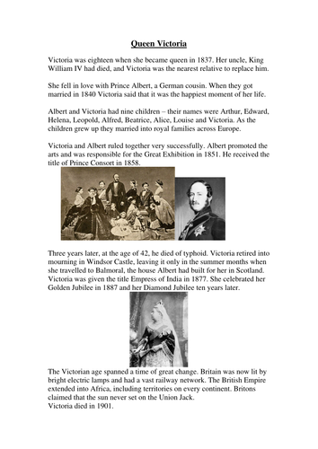 Queen Victoria information sheets with follow-up questions