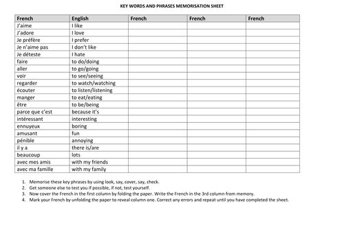 Basic Key Words and Phrases Memorisation Sheet