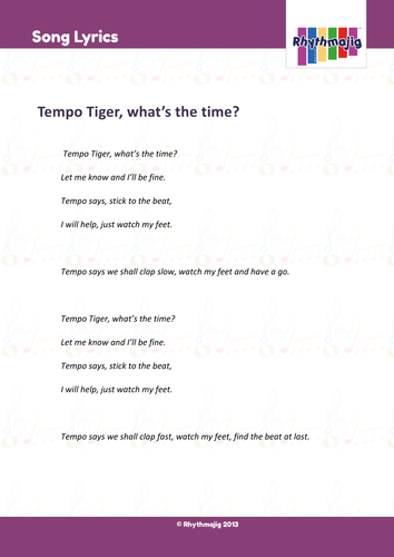 Spring 1 Year R song/ sheet music pack: Tempo Tiger (Unit 3)