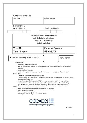 Unit 3 Building a Business end of topic 3.1 test paper