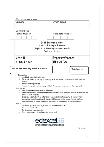 Unit 3 Building a Business mock and end of unit test papers