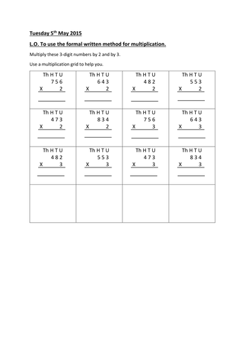 multiplication worksheets 3 digit x 1 digit numbers teaching resources