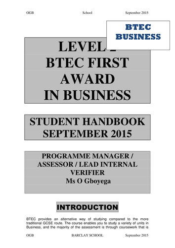 BTEC Business First Award Edexcel Level 2 resources for unit 2 and 7