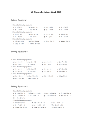 Year 8 Algebra Revision with answers