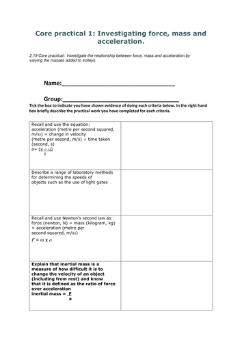 Edexcel Core Practical guides for Combined Science Physics - student progress