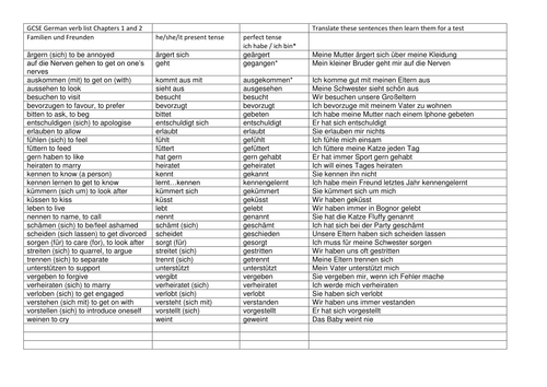 Verbs and translation activity GCSE German Family and Internet topics