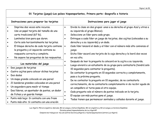 Juego 01 para la clase de español: Geografía e historia