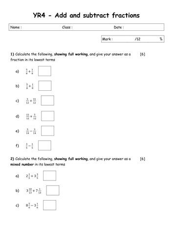fractions topic year 4 assessment