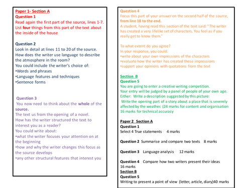 AQA English Language GCSE summary of questions handout