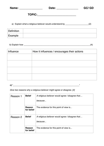 WJEC KS4 Spec B Option A Legacy exam writing frames