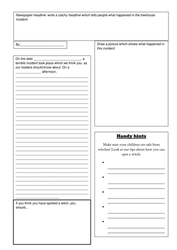 Roald Dahl's 'The Witches' newspaper template for the treehouse incident
