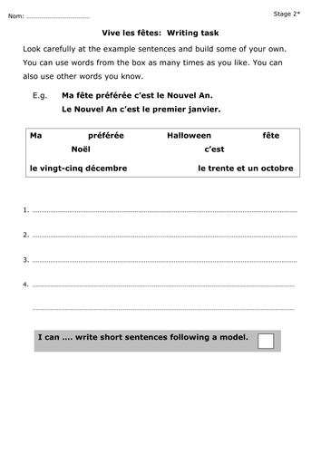 French Basics - differentiated writing preparation and assessment task based on festivals and dates