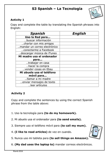 Spanish - Technology Worksheet