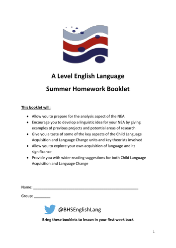 Summer Homework Booklet Year 12 A Level English Language
