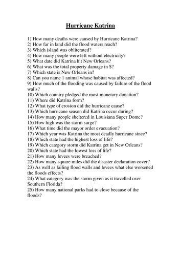 Hurricane Katrina Bingo Lesson