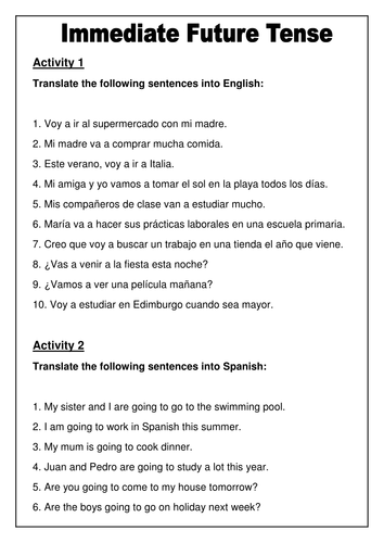 Spanish - Immediate Future Tense Worksheet