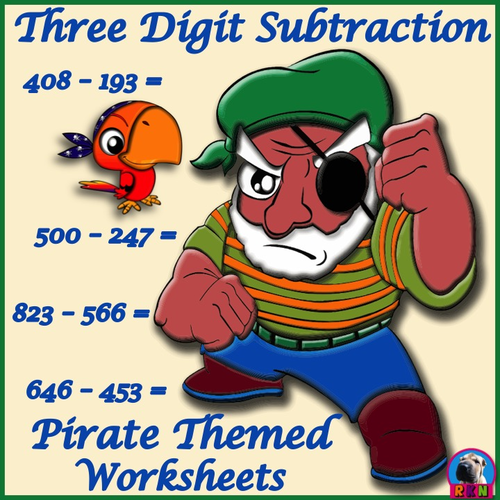 Three Digit Subtraction Worksheets - Pirate Themed - Horizontal (15 Pages)