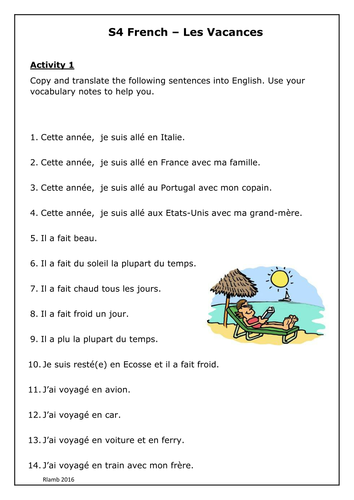 French - Past Holidays Worksheet