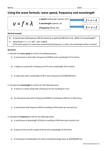 GCSE Physics Wave Speed Equation Practice wavespeed Frequency X Wavelength Teaching Resources