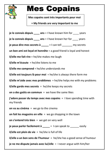 French Friends Vocabulary Helpsheet Teaching Resources