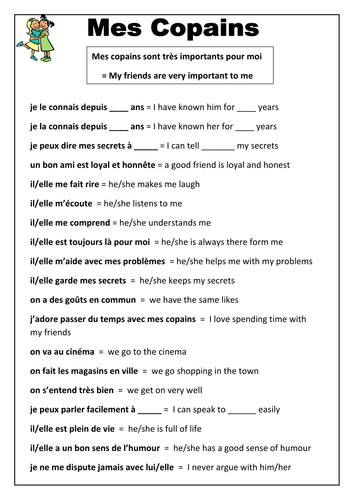 French - Friends Vocabulary Helpsheet