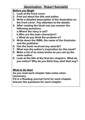 Abomination by Robert Swindels Reading Guide  Comprenhension Questions