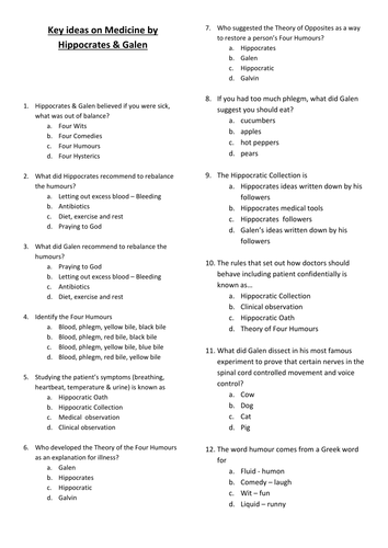 Multi-choice Quiz Hippocrates & Galen