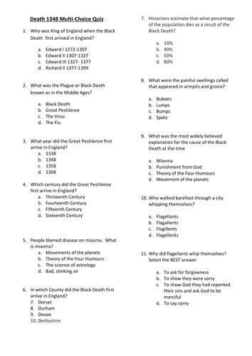 Multi-Choice Quiz Black Death 1348 Medicine Through Time