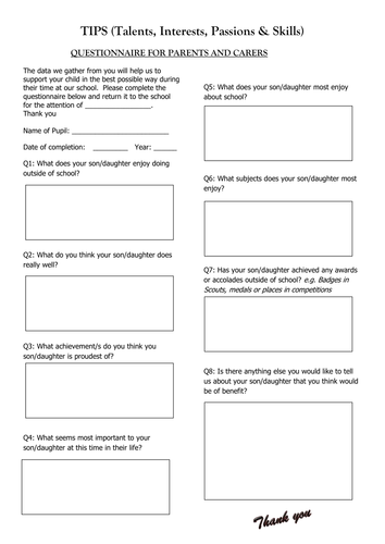 Transition Questionnaire Primary to Secondary New Year 7