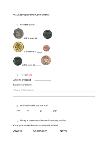 year 1 money worksheets maths mastery questions by teachchan teaching