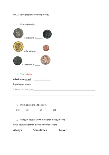 Year 1 Money worksheets maths mastery questions