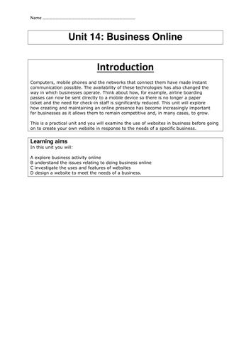 BTEC Business unit 14 Online Business