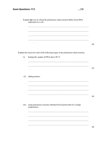 A2 Biology PCR exam questions and mark scheme 18 marks