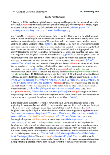 English Literature GCSE FULL MARKED ESSAY on 'A Frosty Night' (Graves) and  'Catrin' (Clarke)