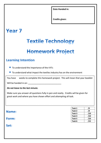 Textiles Yr7 3R's homework booklet