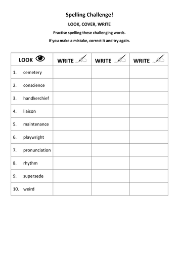 Spelling Challenge Look Cover Write Extra Hard Words KS3 KS4 
