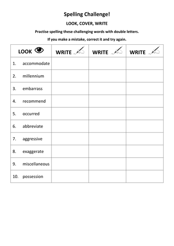 Spelling Challenge - Hard Words with Double Consonants - Look, Cover, Write Activities