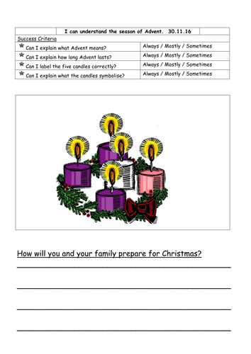 Understanding Advent Worksheet RE Christmas