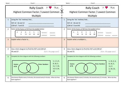 Rally Coach ONESIE HCF and LCM | Teaching Resources