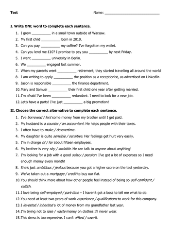 B1 ESL Worksheet - Mixed Grammar and Vocabulary