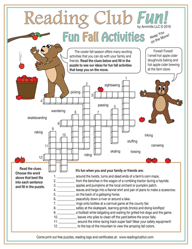 Fun Fall Activities and Sports Crossword Puzzles, Reading Log & Certificate