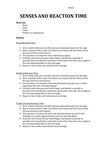 Reaction Time activity and worksheet