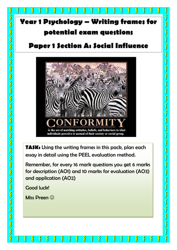AQA Psychology (New Spec) Essay writing frame packs (PAPER 1)