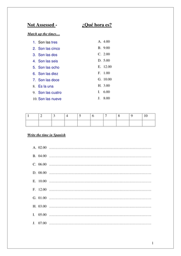 Spanish Time Worksheets