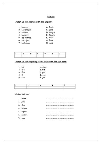 Spanish Face Worksheets - La Cara