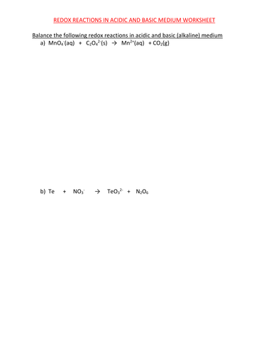 REDOX REACTION IN ACIDIC MEDIUM WORKSHEET AND ANSWER | Teaching Resources