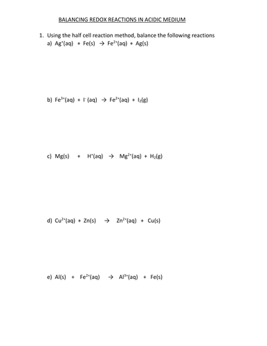 REDOX HALF CELL EQUATION WORKSHEET WITH ANSWER