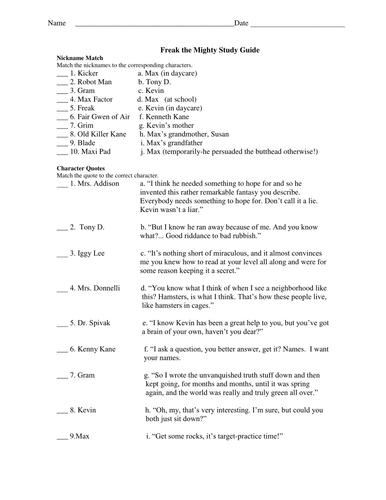 Freak the Mighty Study Guide and TEST