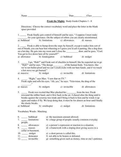 Freak the Mighty Quiz Chapters 1 - 8 with study guide