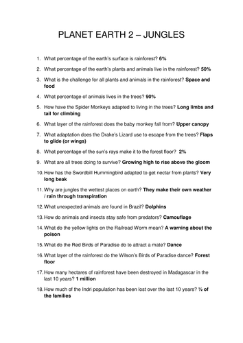 planet earth jungles worksheet answers